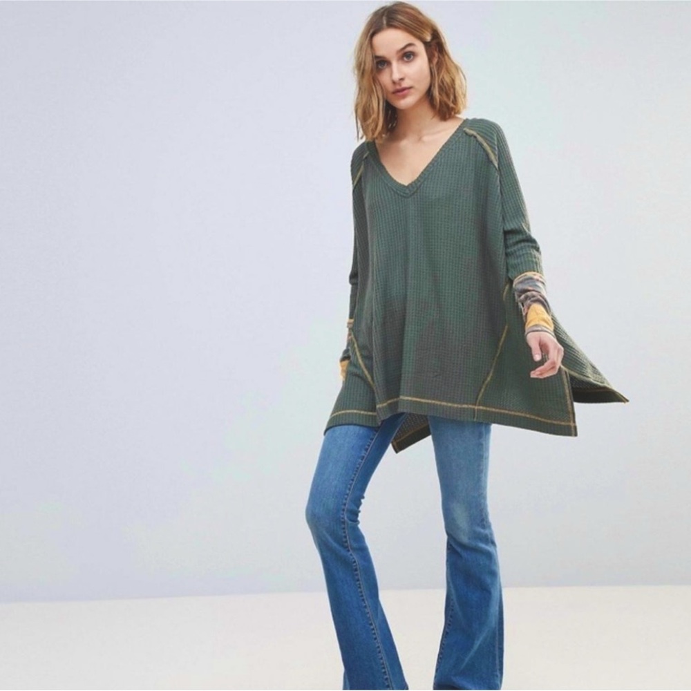 Free People Olive Green V-Neck Waffle Knit Tunic